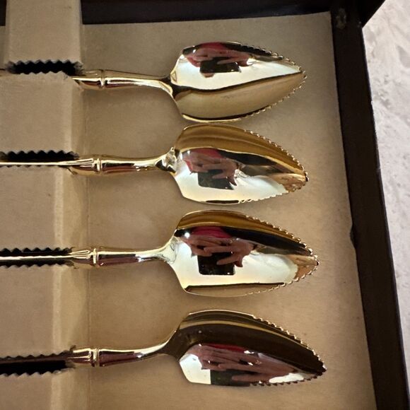 Supreme Cutlery 4 Gold Electroplated Grapefruit Fruit Spoons Bamboo, Boxed Set - Picture 2 of 9